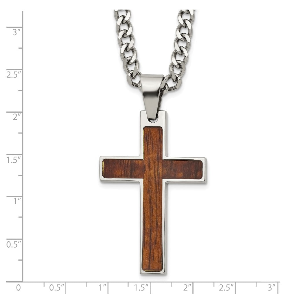 Stainless Steel Polished with Wood Inlay Cross 24in with 2in ext. Necklace – Elegant Jewelry Gift for Birthday, Anniversary, Engagement, Wedding