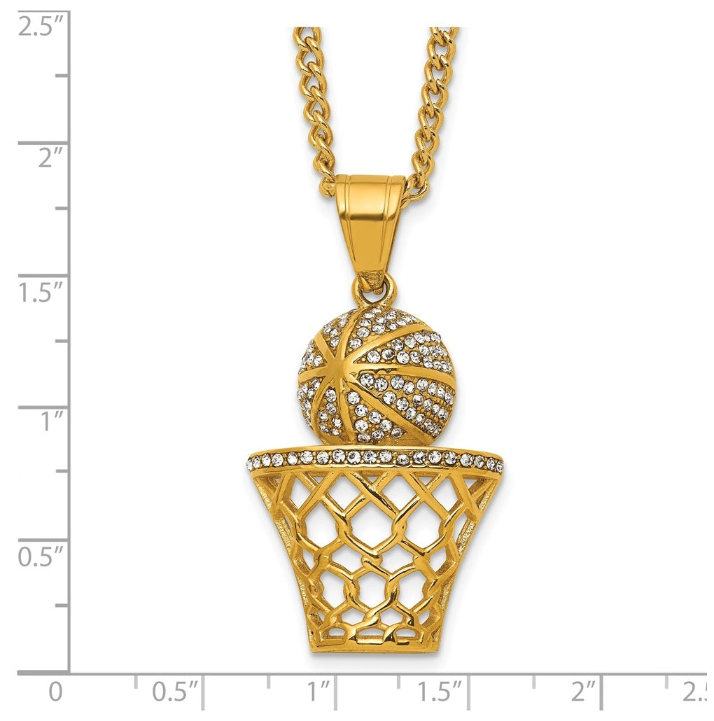 Stainless Steel Polished Yellow IP Crystal B-ball Hoop 24in Necklace – Elegant Jewelry Gift for Birthday, Anniversary, Engagement, Wedding