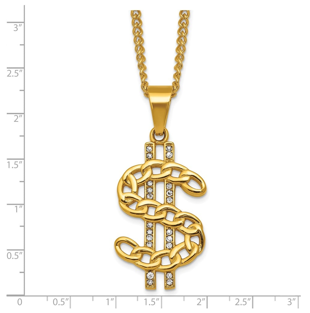 Stainless Steel Polished Yellow IP Crystal Dollar Sign 24in Necklace – Elegant Jewelry Gift for Birthday, Anniversary, Engagement, Wedding