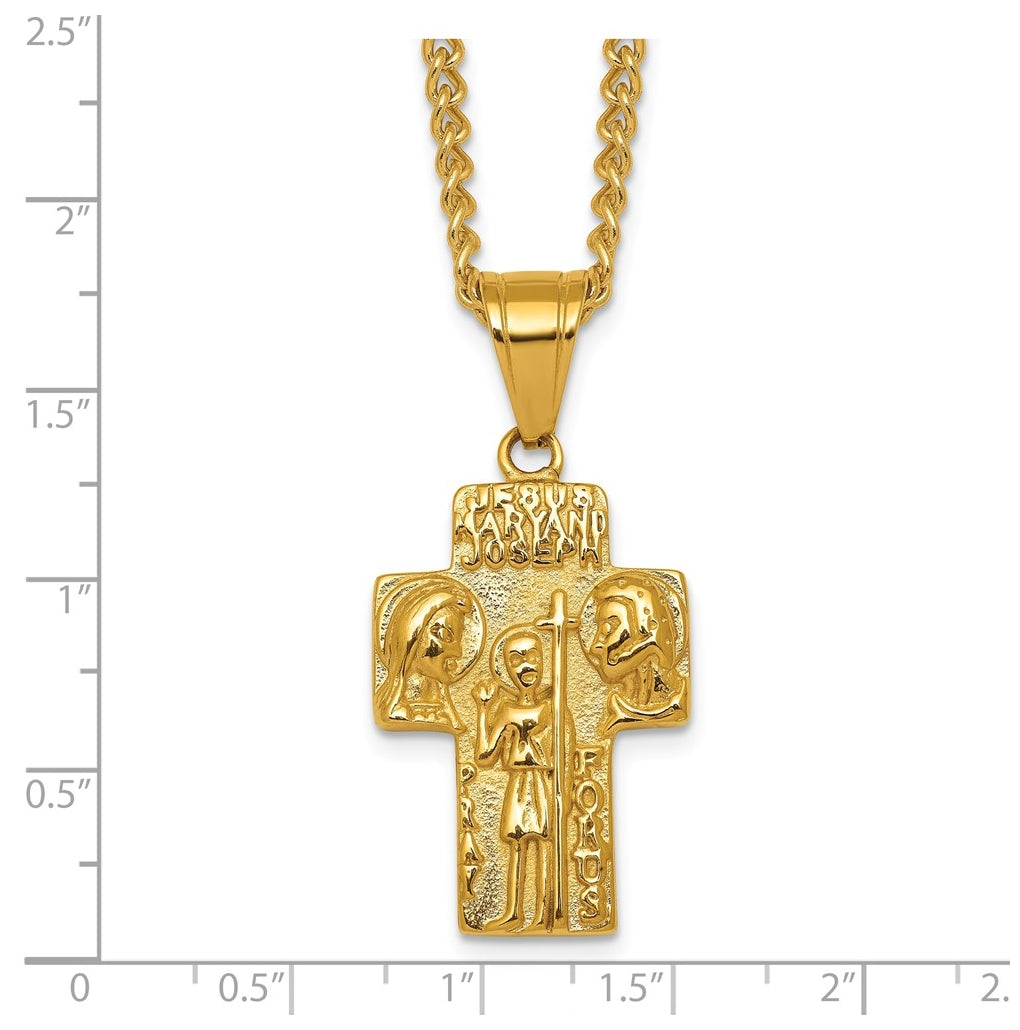 Stainless Steel Polished Yellow IP Jesus Mary Joseph Cross Necklace – Elegant Jewelry Gift for Birthday, Anniversary, Engagement, Wedding