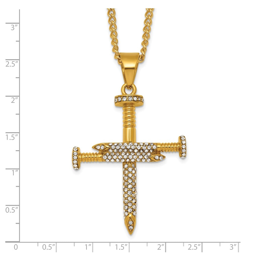 Stainless Steel Polished Yellow IP Crystal Nail Cross 24in Necklace – Elegant Jewelry Gift for Birthday, Anniversary, Engagement, Wedding