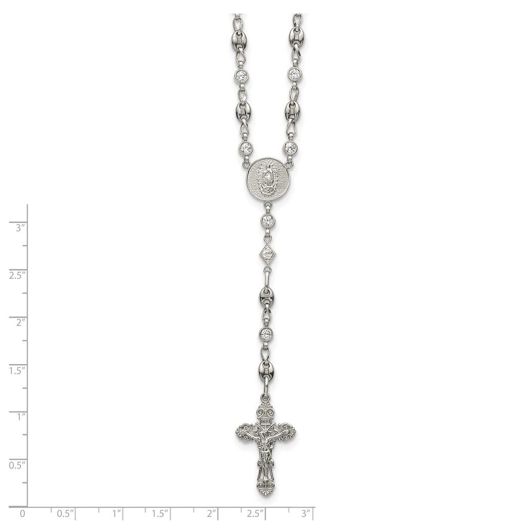 Stainless Steel with 925 Sterling Silver Polished Cubic Zirconia 22in INRI Rosary Necklace – Elegant Jewelry Gift for Birthday, Anniversary, Engagement, Wedding