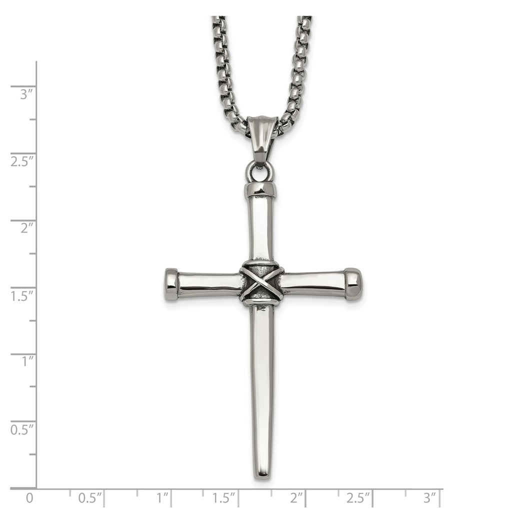 Stainless Steel Antiqued and Polished 24in Cross Necklace – Elegant Jewelry Gift for Birthday, Anniversary, Engagement, Wedding