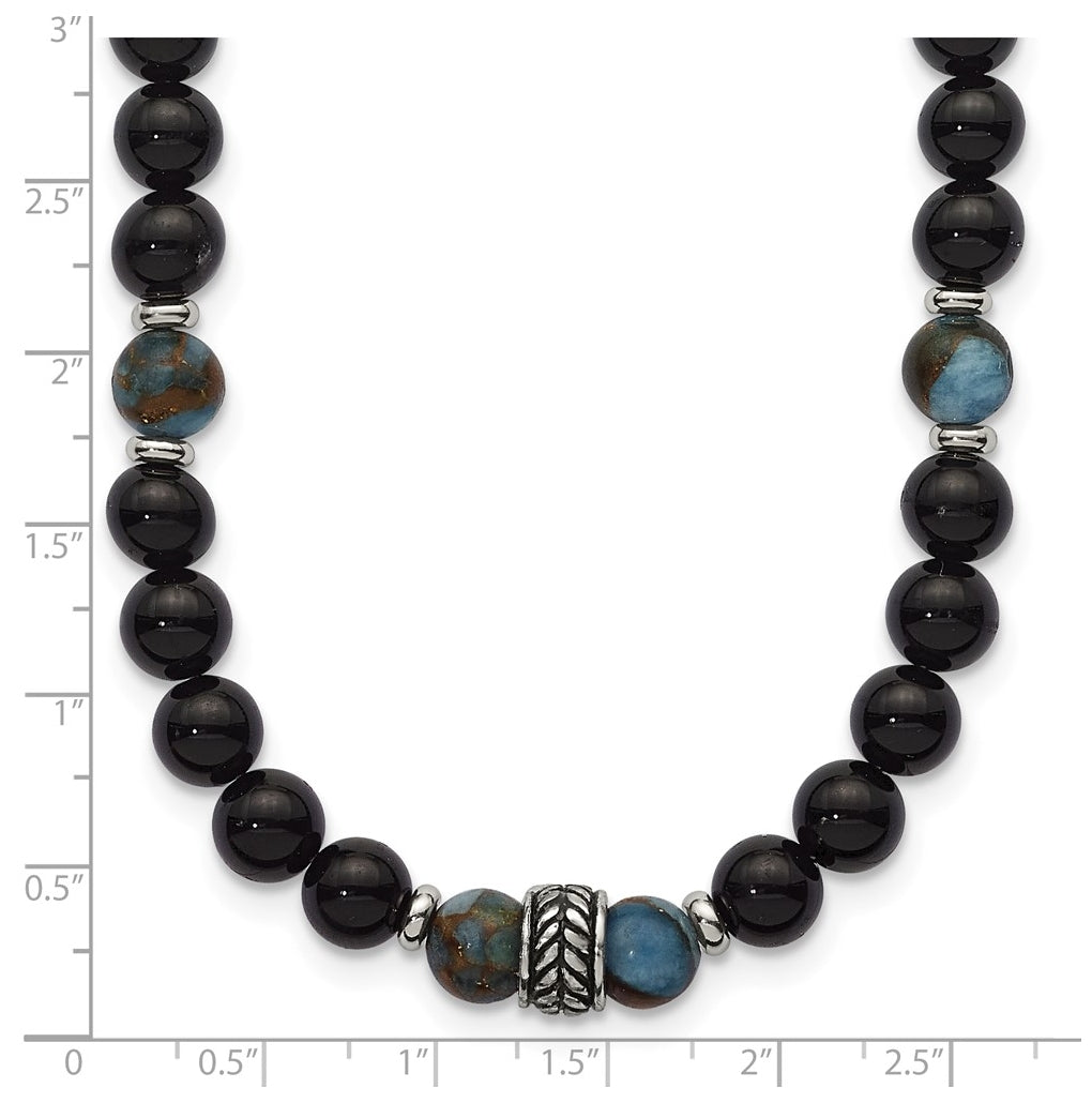 Stainless Steel Polished Antiq Lt Blue Gold/Black Onyx Bead 22in Necklace – Elegant Jewelry Gift for Birthday, Anniversary, Engagement, Wedding
