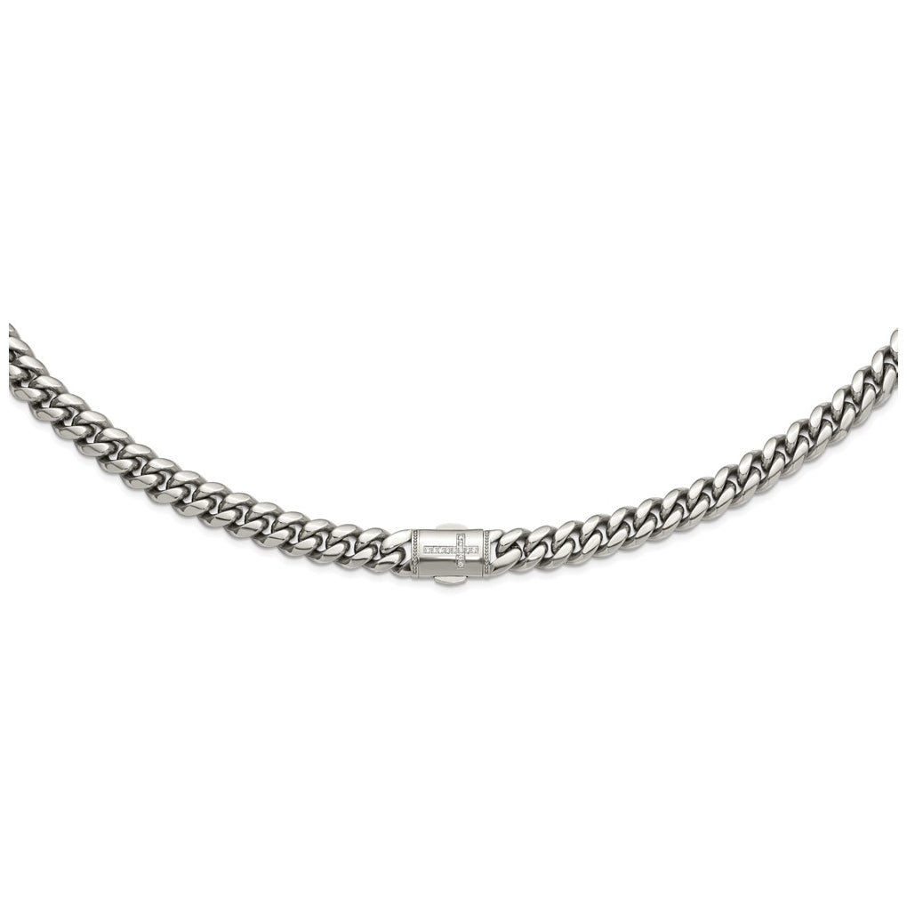 Stainless Steel Polished 12mm Curb Link with Cubic Zirconia Cross Clasp 24in Necklace – Elegant Jewelry Gift for Birthday, Anniversary, Engagement, Wedding