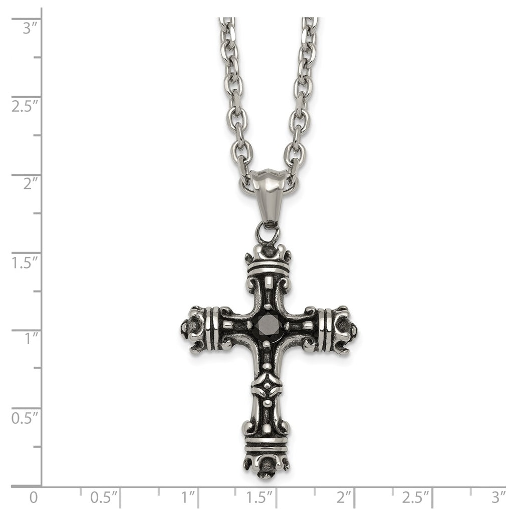 Stainless Steel Antiqued and Polished with Black Cubic Zirconia Cross 24in Necklace – Elegant Jewelry Gift for Birthday, Anniversary, Engagement, Wedding