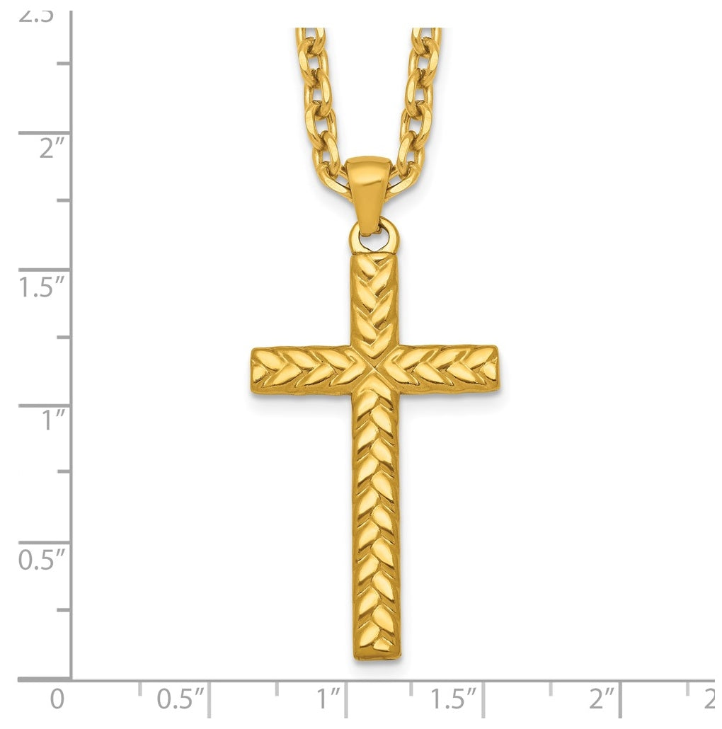 Stainless Steel Polished/Textured Yellow IP 24 in with 2 in ext. Cross Necklace – Elegant Jewelry Gift for Birthday, Anniversary, Engagement, Wedding