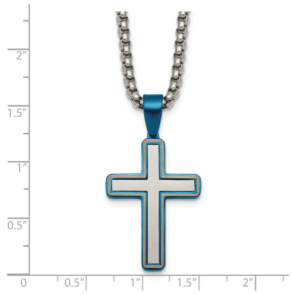 Stainless Steel Brushed and Polished with Blue IP-plated Cross 24in Necklace – Elegant Jewelry Gift for Birthday, Anniversary, Engagement, Wedding