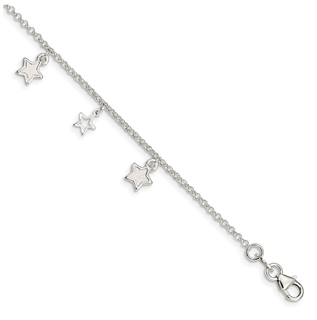 Sterling Silver Polished & Textured Stars Children's Bracelet