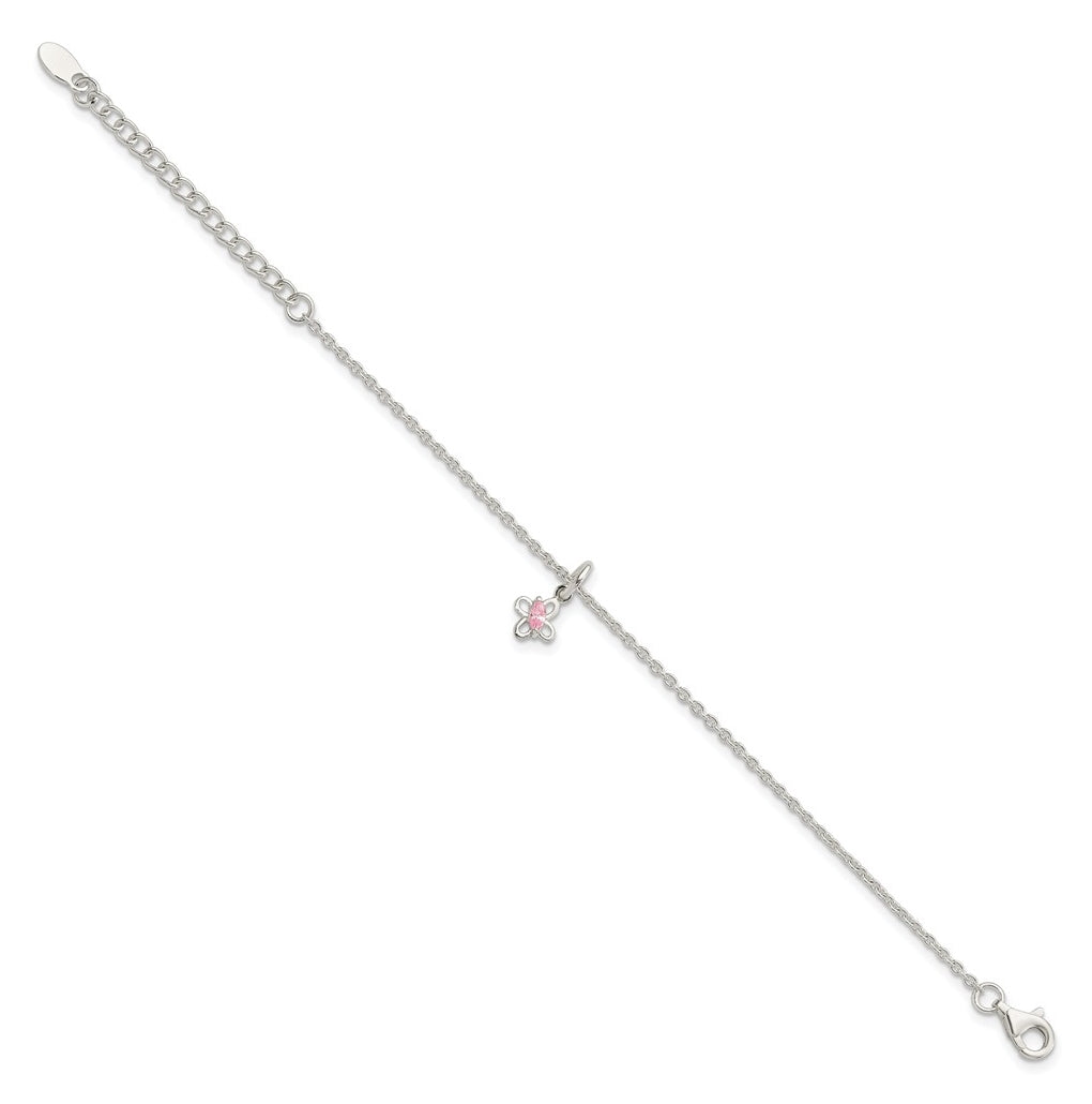 Sterling Silver Polished Pink Cubic Zirconia Butterfly w/ 1.5in Ext. Children's Bracelet