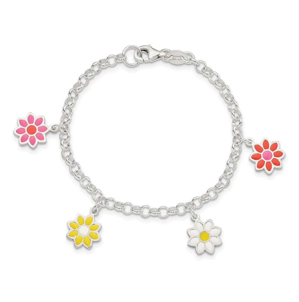Sterling Silver Polished Multi-color Enamel Flowers Children's Bracelet