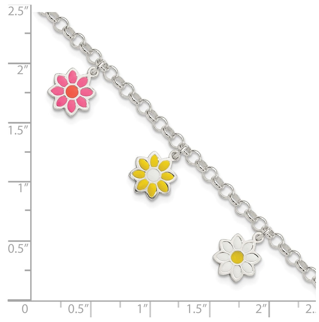 Sterling Silver Polished Multi-color Enamel Flowers Children's Bracelet