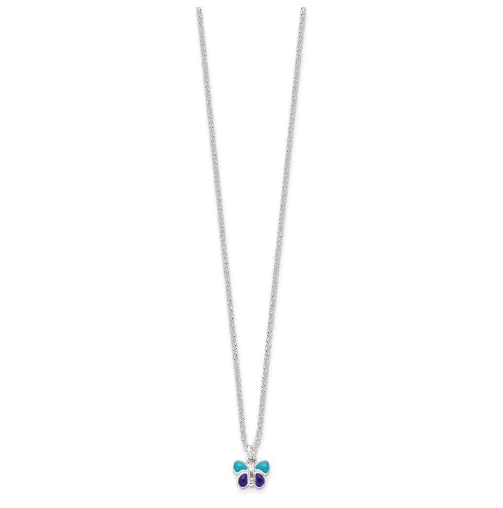 Sterling Silver Polished Blue & Purple Enameled Butterfly with 1.5inch Extension Children's Necklace