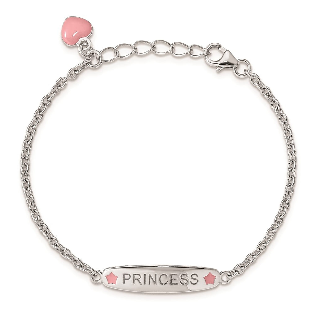 Sterling Silver Rhodium-plated Polished & Pink Enameled PRINCESS with 1 Inch Extension Children's Bracelet