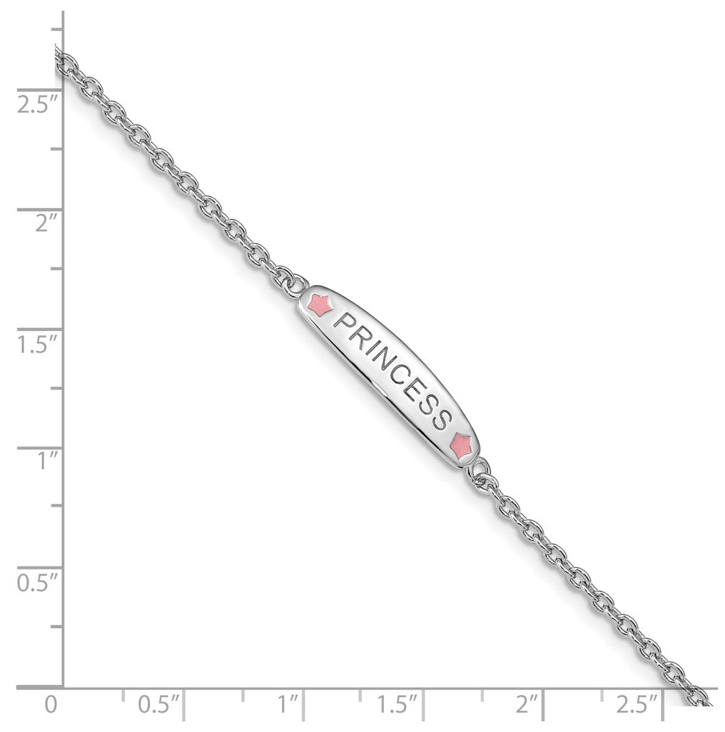 Sterling Silver Rhodium-plated Polished & Pink Enameled PRINCESS with 1 Inch Extension Children's Bracelet