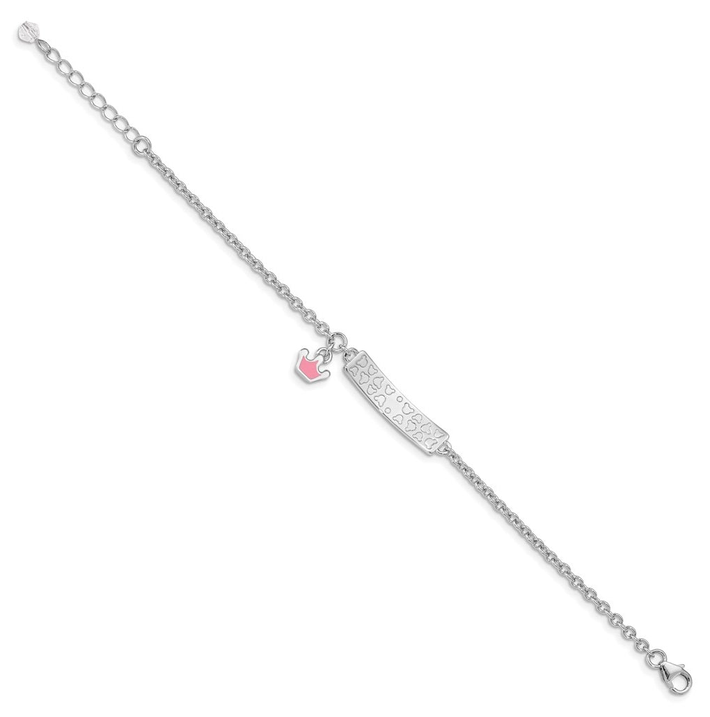 Sterling Silver Rhodium-plated Polished & Pink Enameled Crown with 1 Inch Extension Children's ID Bracelet