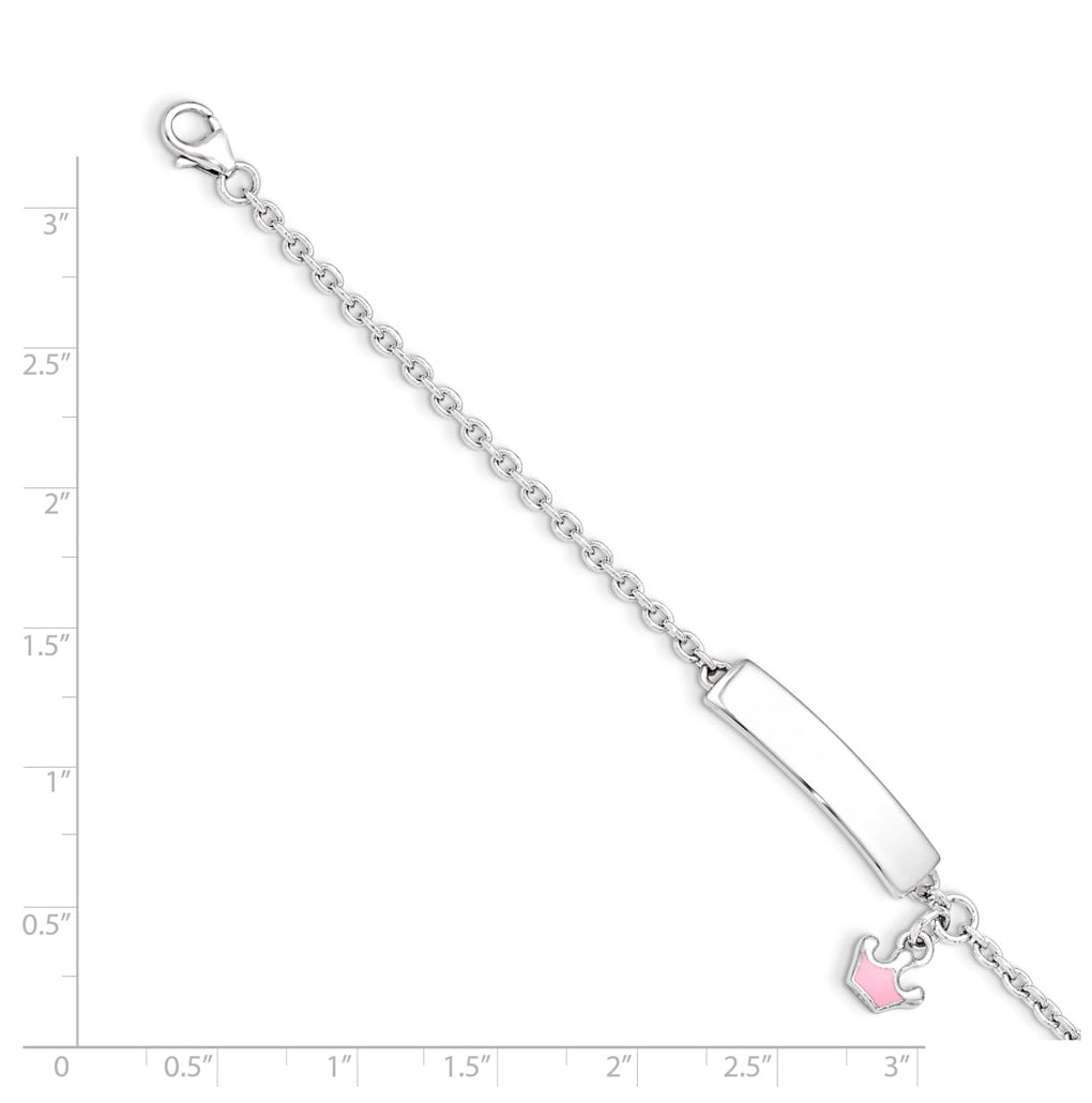 Sterling Silver Rhodium-plated Polished & Pink Enameled Crown with 1 Inch Extension Children's ID Bracelet