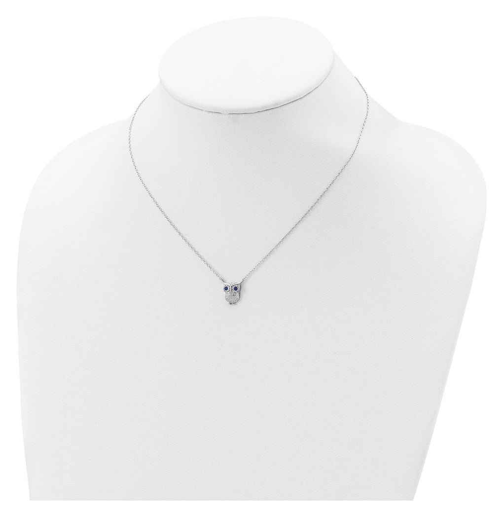Sterling Silver Rhodium-plated Blue Glass Stone Owl 2in ext Necklace – Elegant Jewelry Gift for Birthday, Anniversary, Engagement, Wedding