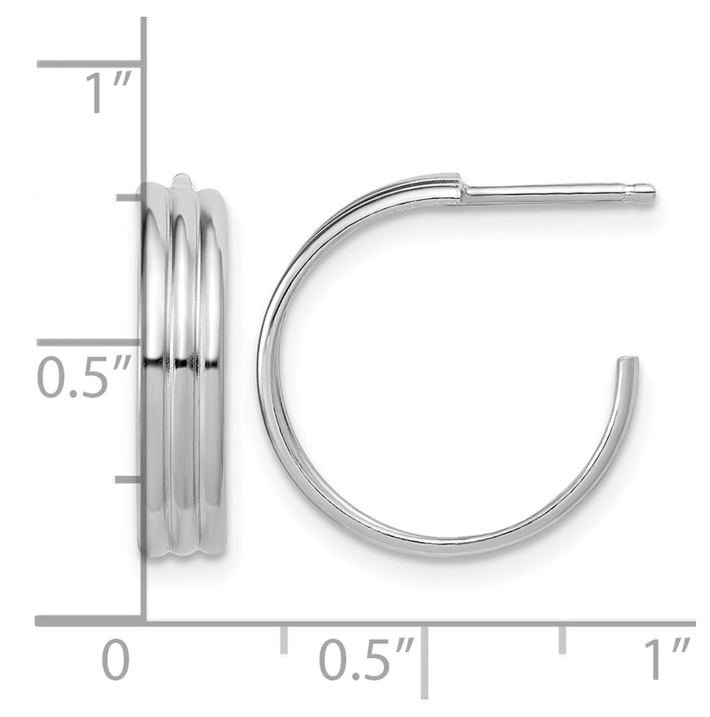Sterling Silver Rh-Plated Polished Grooved J-Hoop Post Earrings