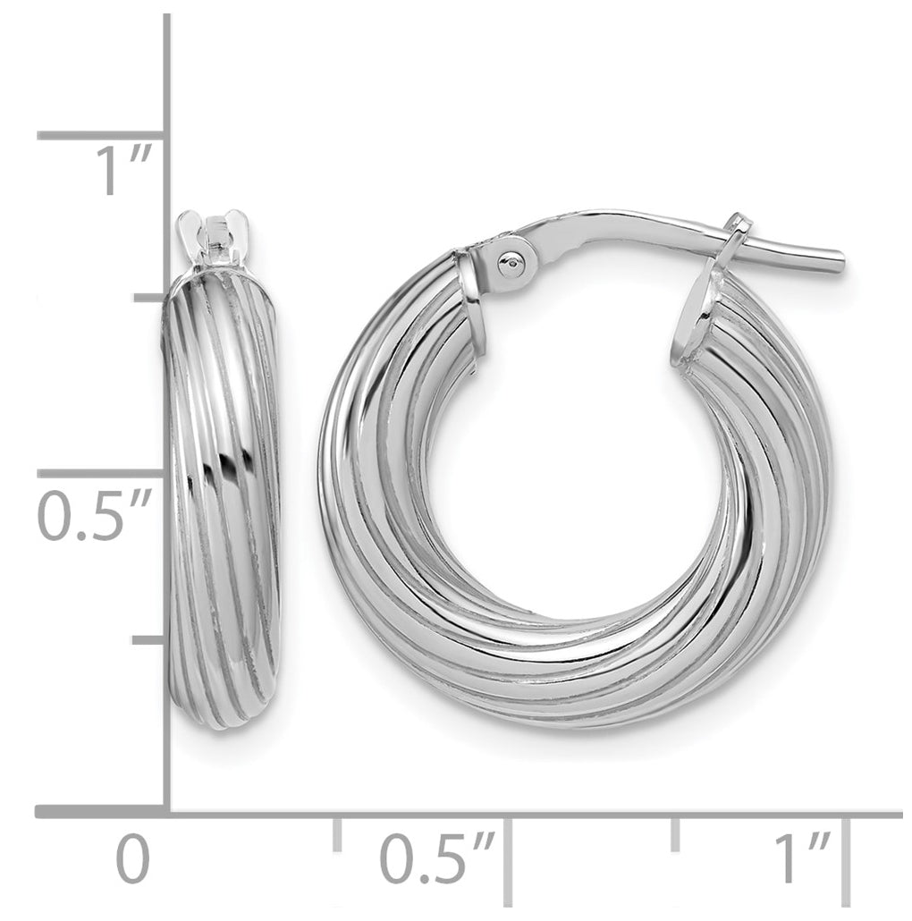 Sterling Silver Rh-Plated Polished Grooved Hoop Earrings