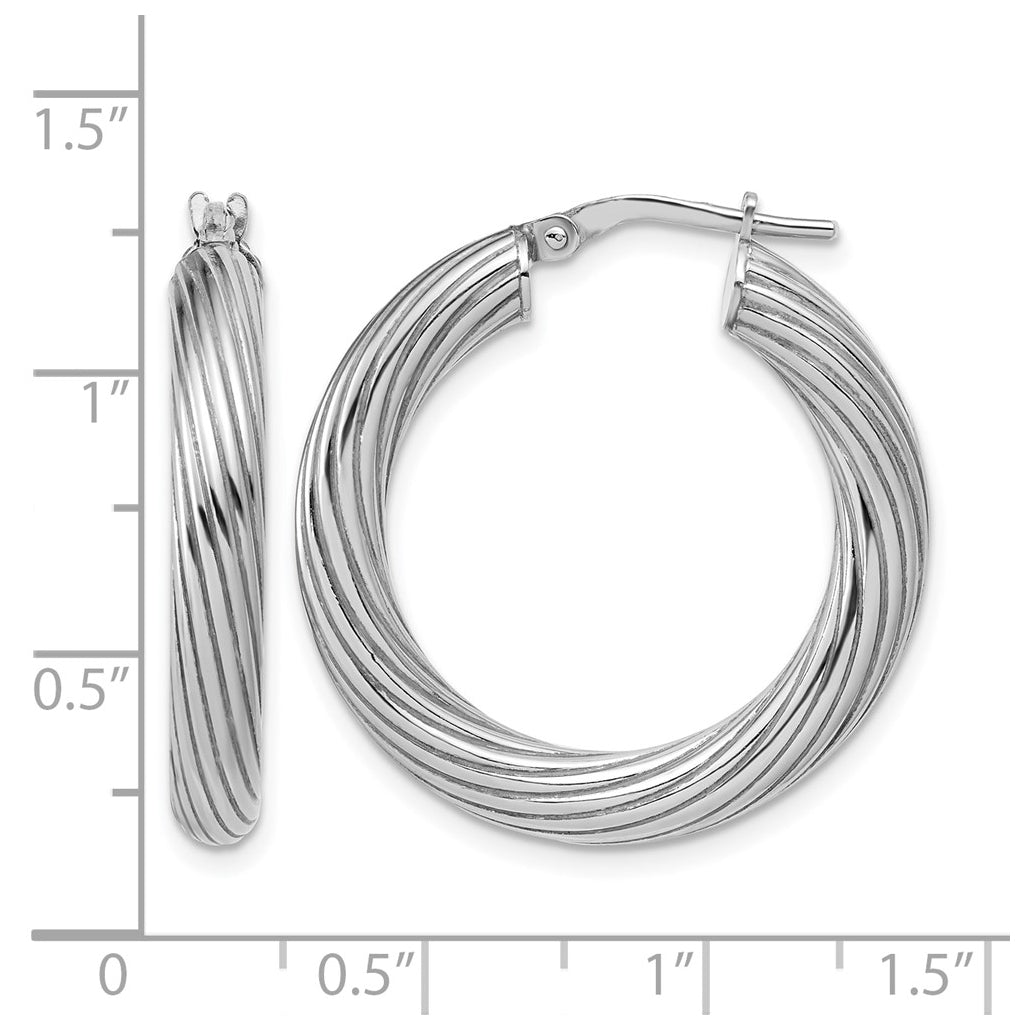 Sterling Silver Rh-Plated Polished Grooved Hoop Earrings