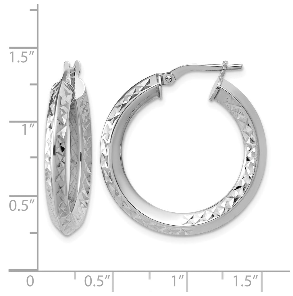 Sterling Silver RH-plated Polished and Diamond-cut Hoop Earrings