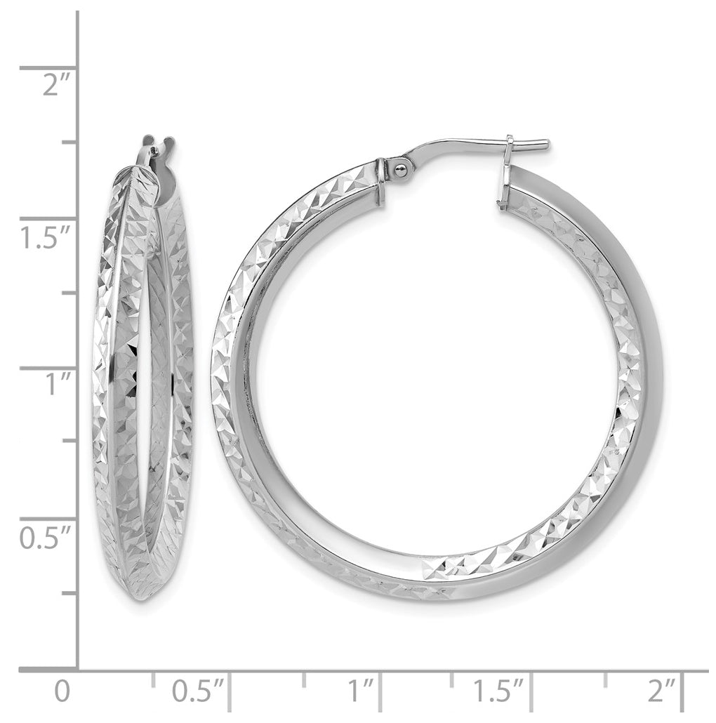 Sterling Silver RH-plated Polished and Diamond-cut Hoop Earrings