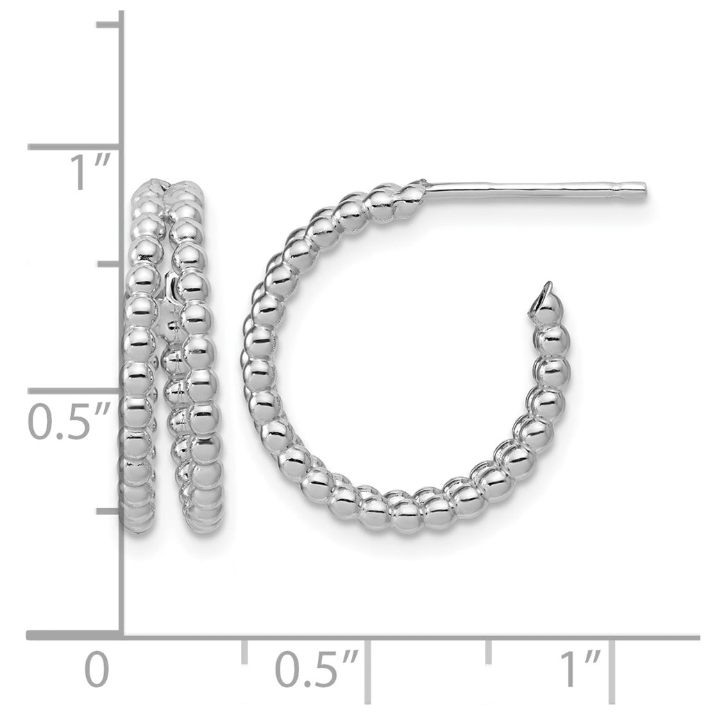 Sterling Silver RH-plated Polished Beaded J-Hoop Earrings
