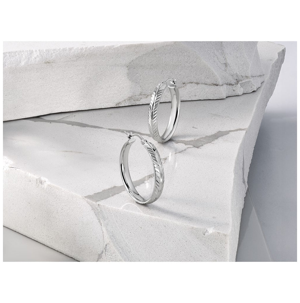 Sterling Silver RH-plated Polished and Diamond-cut Hoop Earrings