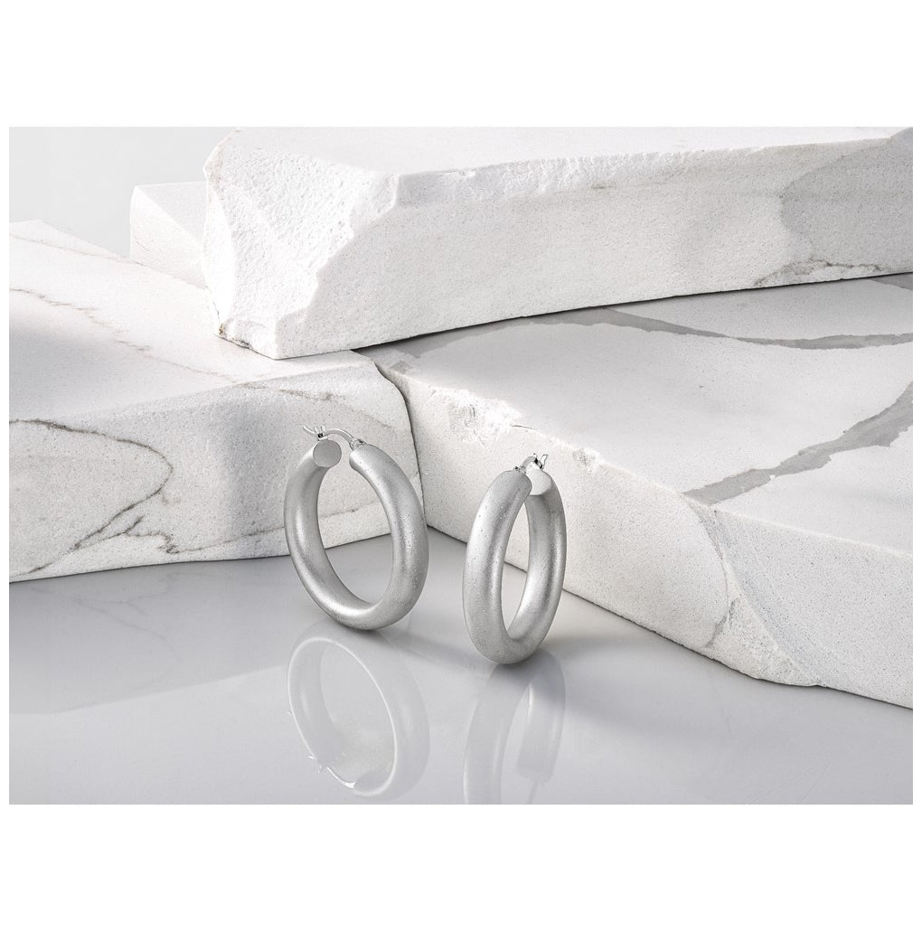 Sterling Silver Radiant Esse RH-plat Satin Sparkle Hoop Earrings