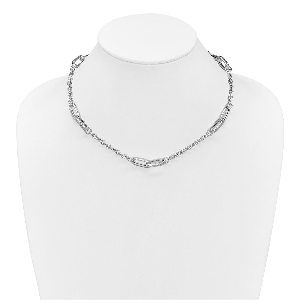 Sterling Silver RH-plated Polished and Hammered Link Necklace