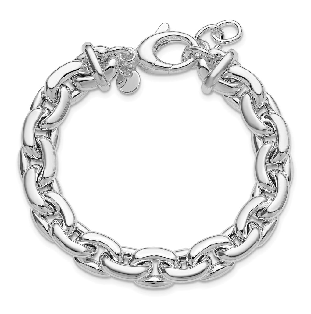 Sterling Silver RH-plt Polished Cable Link w/.5in ext. Bracelet