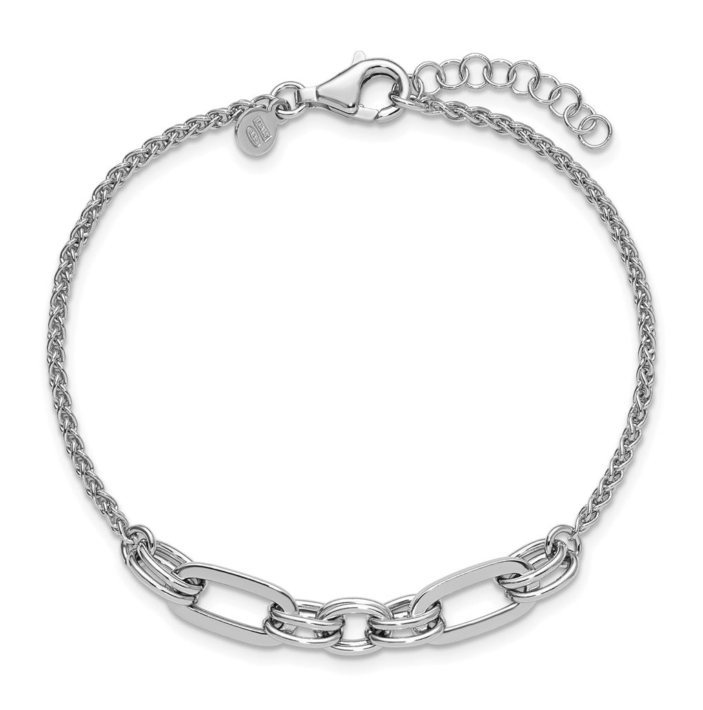 Sterling Silver RH-plated Fancy Oval Links w/1in ext. Bracelet