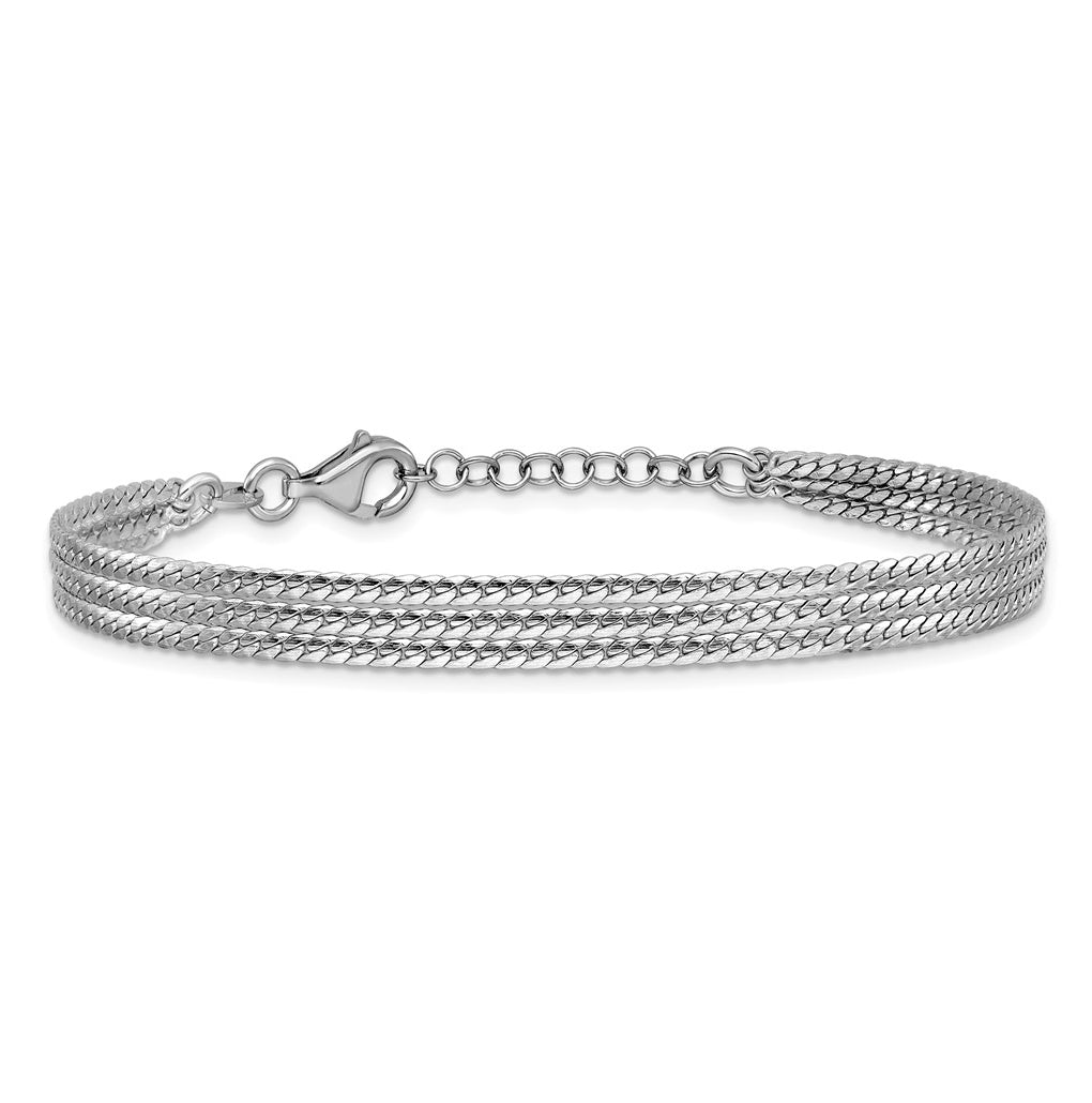 Sterling Silver RH-Plated Pol. Fancy 3-strand w/1in ext. Bracelet
