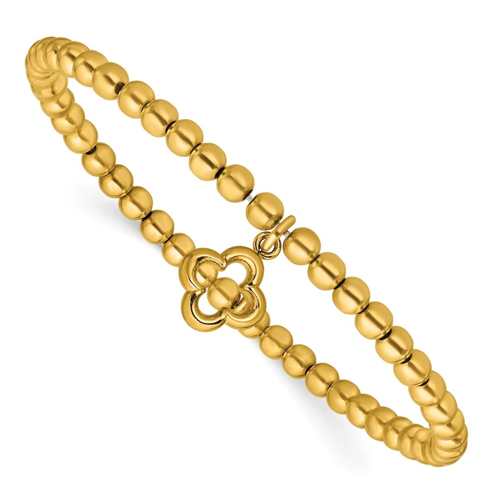 Sterling Silver Gold-tone Polished Beads w/Charm Stretch Bracelet
