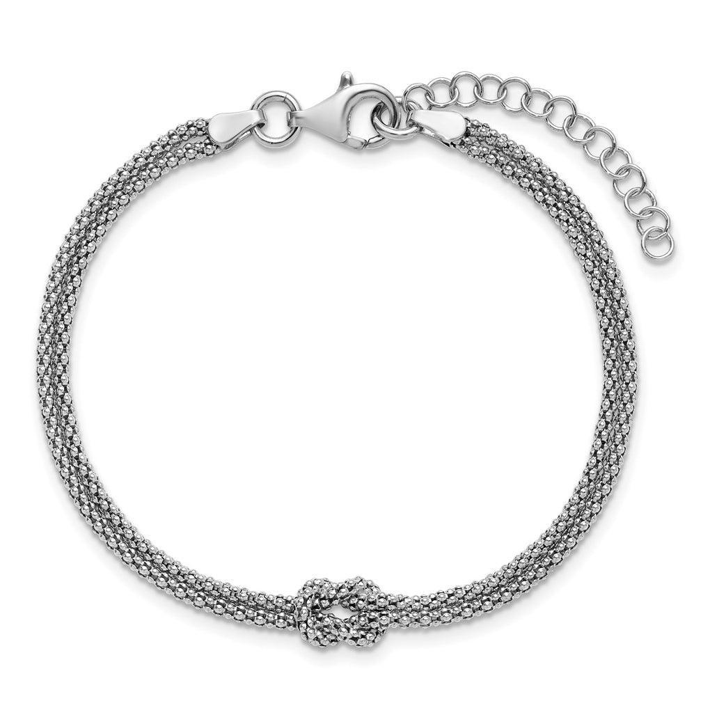 Sterling Silver RH-plt Pol. 2-strand Knot w/1in ext. Bracelet