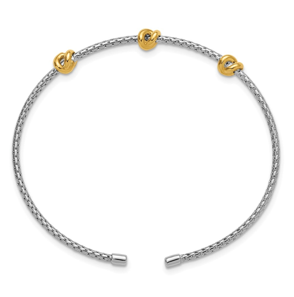 SS RH-pl and Gold-pl Polished/Textured Love Knot Flexible Cuff Bangle