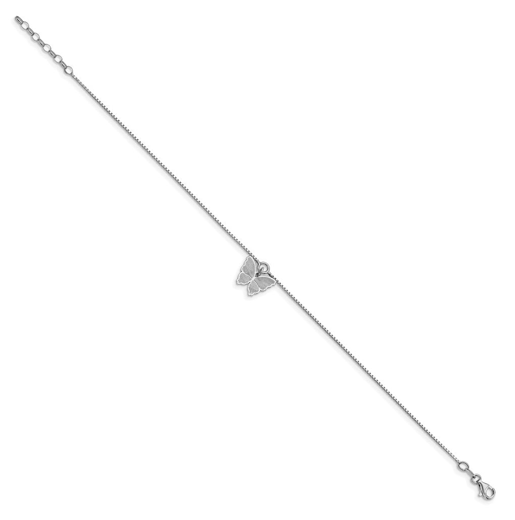 Sterling Silver Rhodium-plated Butterfly Charm 10 inch Plus 1 inch Extender - Total 11 inch Anklet