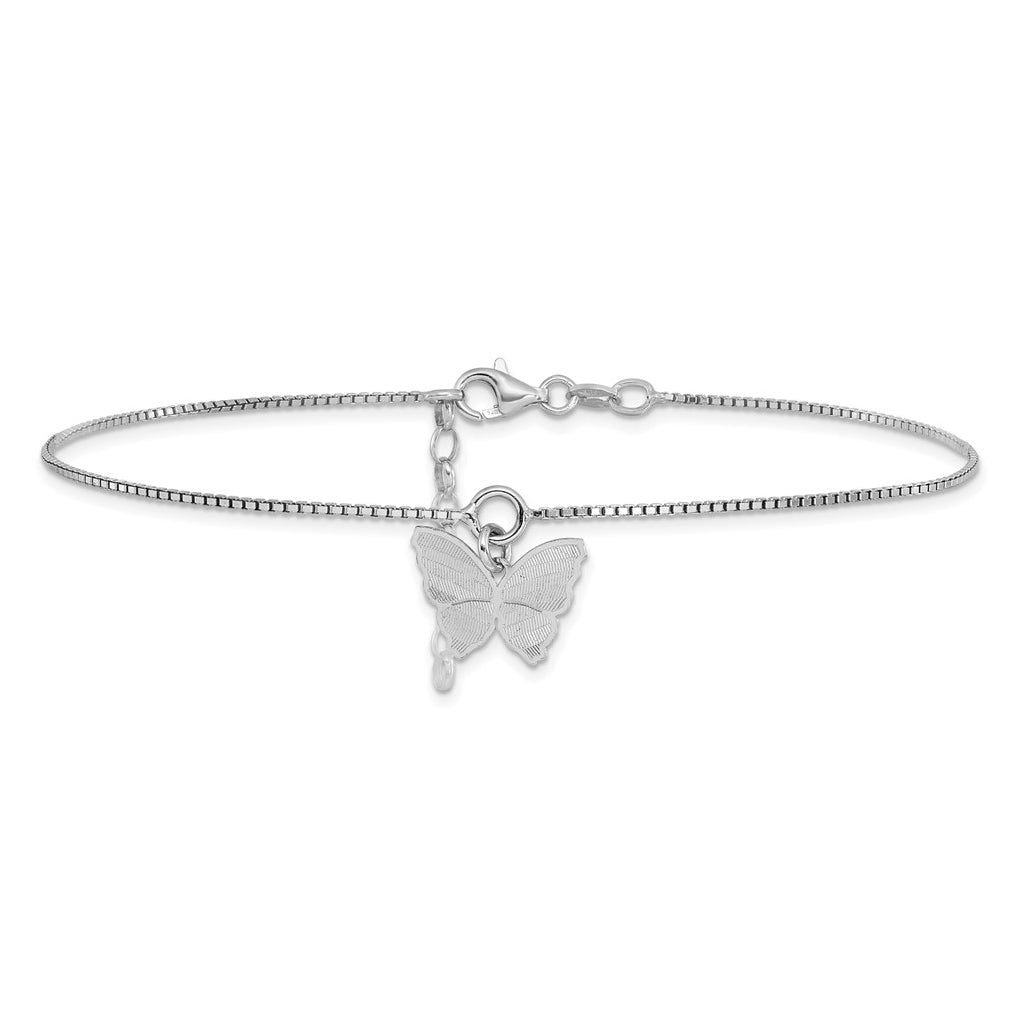 Sterling Silver Rhodium-plated Butterfly Charm 10 inch Plus 1 inch Extender - Total 11 inch Anklet