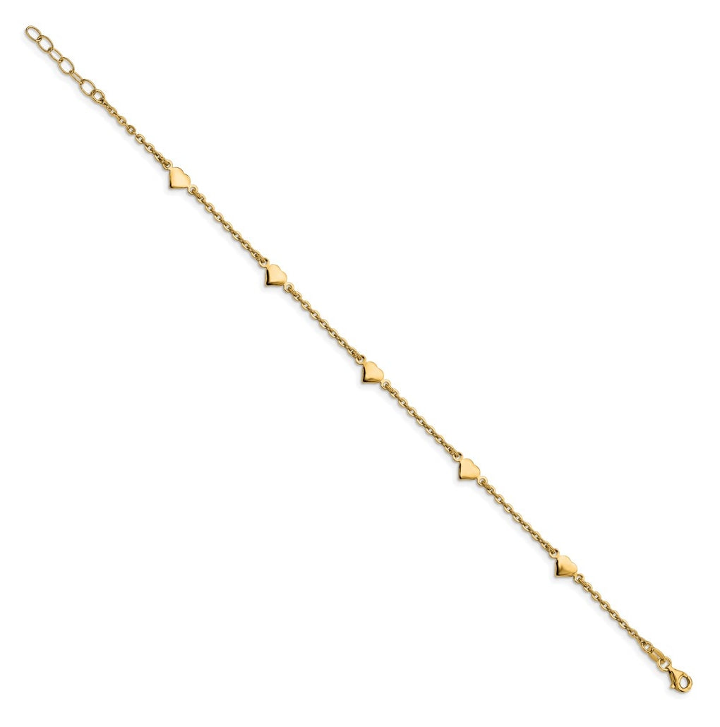 Sterling Silver Gold-plated Heart 5-Station 9 inch Plus 0.5 inch Extender - Total 9.5 inch Anklet