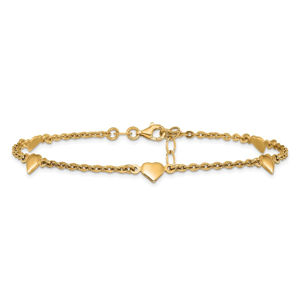 Sterling Silver Gold-plated Heart 5-Station 9 inch Plus 0.5 inch Extender - Total 9.5 inch Anklet