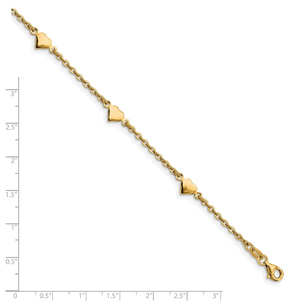 Sterling Silver Gold-plated Heart 5-Station 9 inch Plus 0.5 inch Extender - Total 9.5 inch Anklet