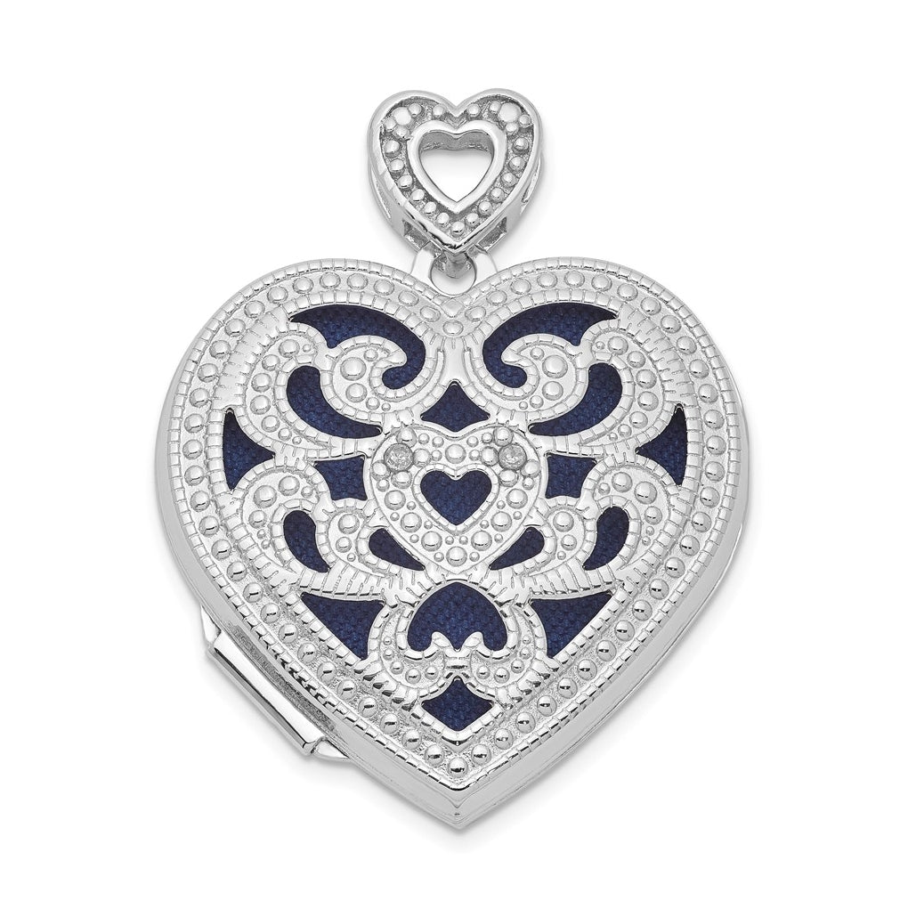 Sterling Silver Rhodium-plated 24mm w/ Diamond Vintage Heart Locket – Elegant Jewelry Gift for Birthday, Anniversary, Engagement, Wedding