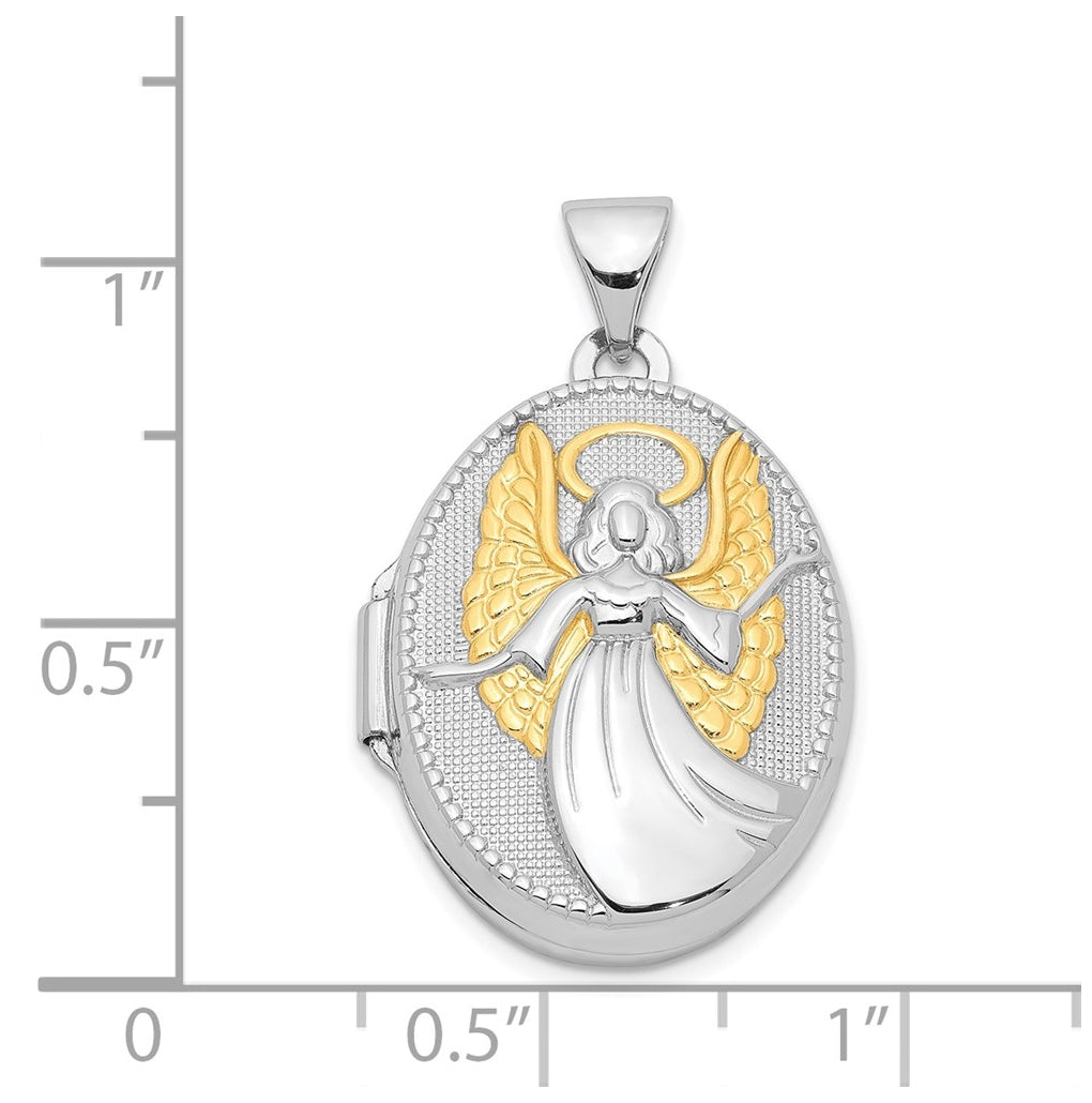 Sterling Silver Rhodium-plated & Gold-plated Guardian Angel Oval Locket – Elegant Jewelry Gift for Birthday, Anniversary, Engagement, Wedding