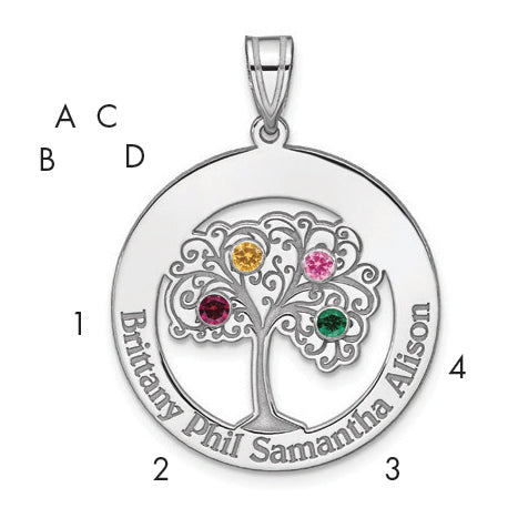 Sterling Silver Rhodium plated Family Tree 4 Name Crystal Necklace