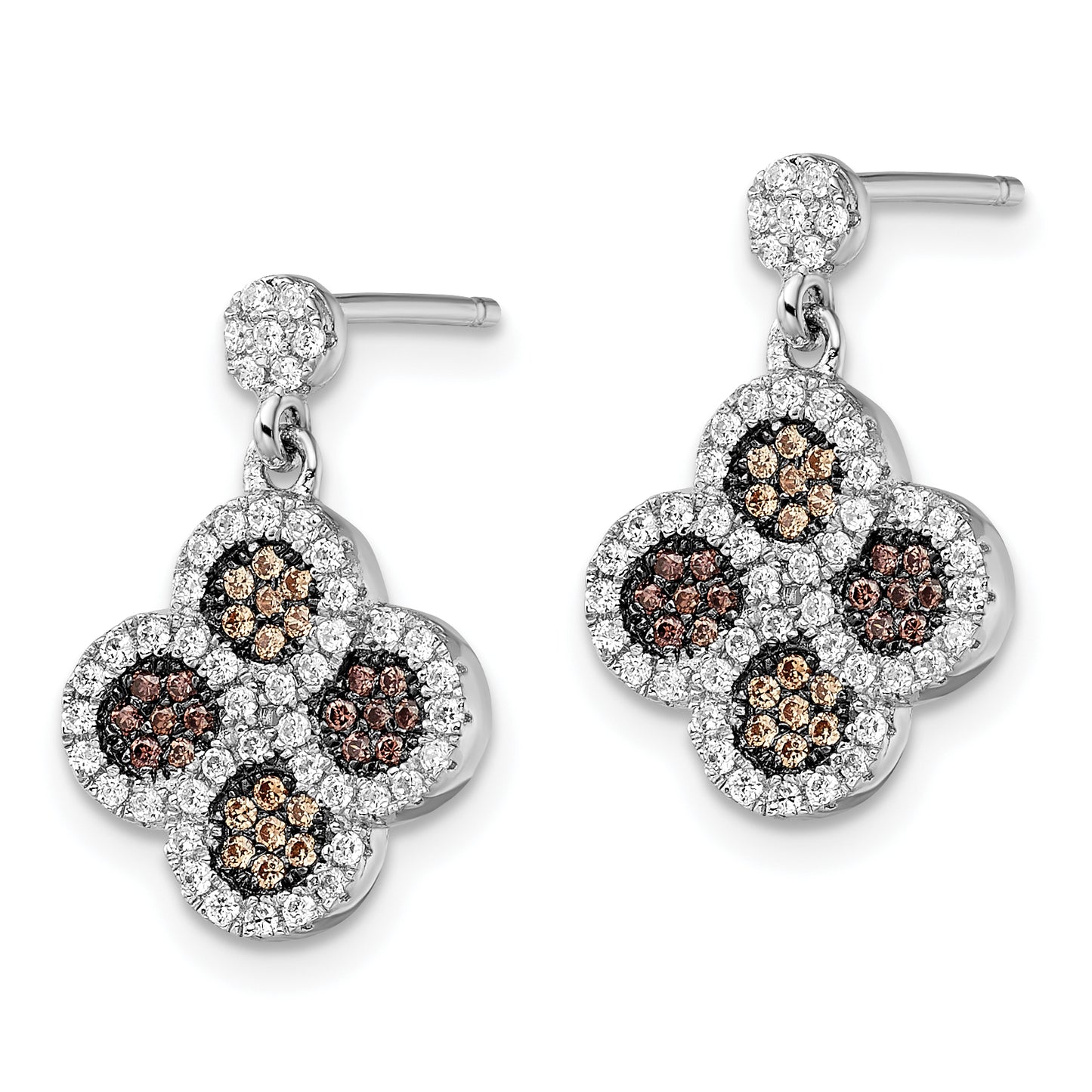 Brilliant Embers Sterling Silver Rhodium plated 150 Stone Micro Pav‚ Champagne and White Cubic Zirconia Flower Dangle Post Earrings