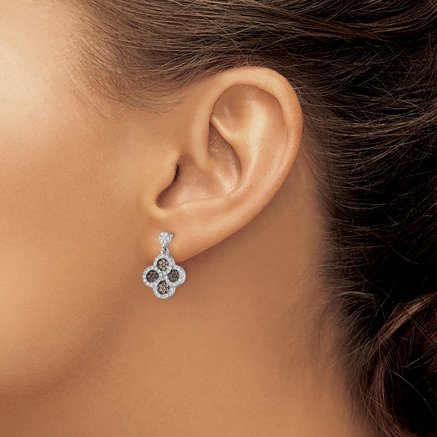 Brilliant Embers Sterling Silver Rhodium plated 150 Stone Micro Pav‚ Champagne and White Cubic Zirconia Flower Dangle Post Earrings