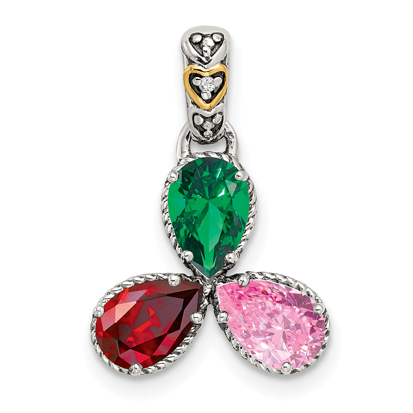 Sterling Silver Antiqued with 14k 3-stone with Diamond Mothers Pendant Semi-Mount