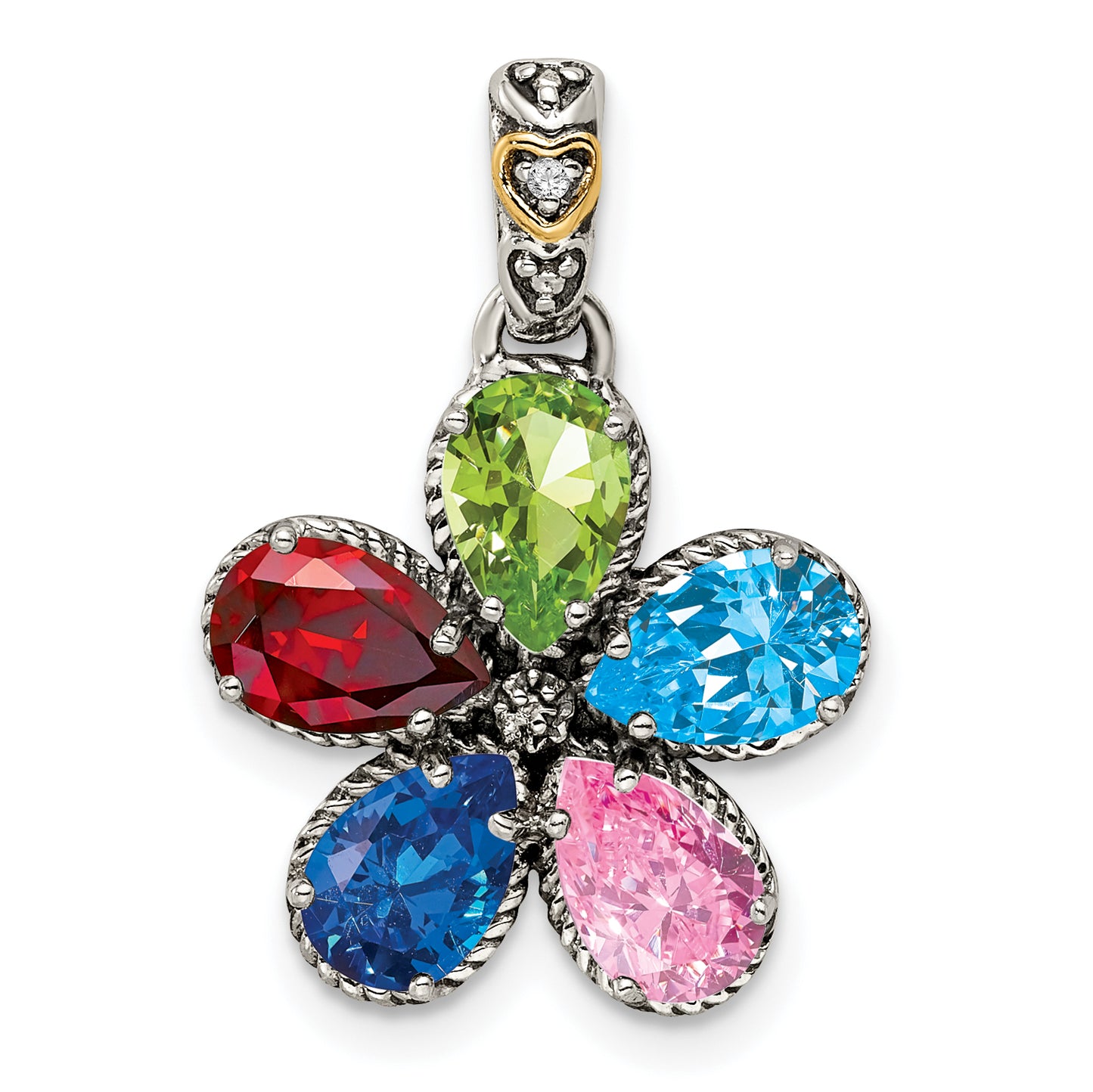 Sterling Silver Antiqued with 14k 5-stone with Diamond Mothers Pendant Semi-Mount