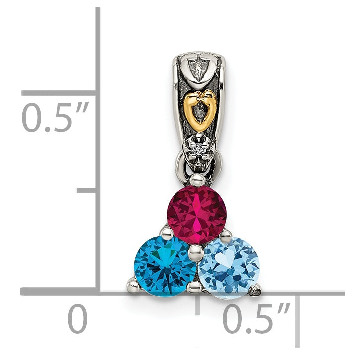 Sterling Silver with 14k Three-stone and Diamond Mother's Pendant on 18in Chain